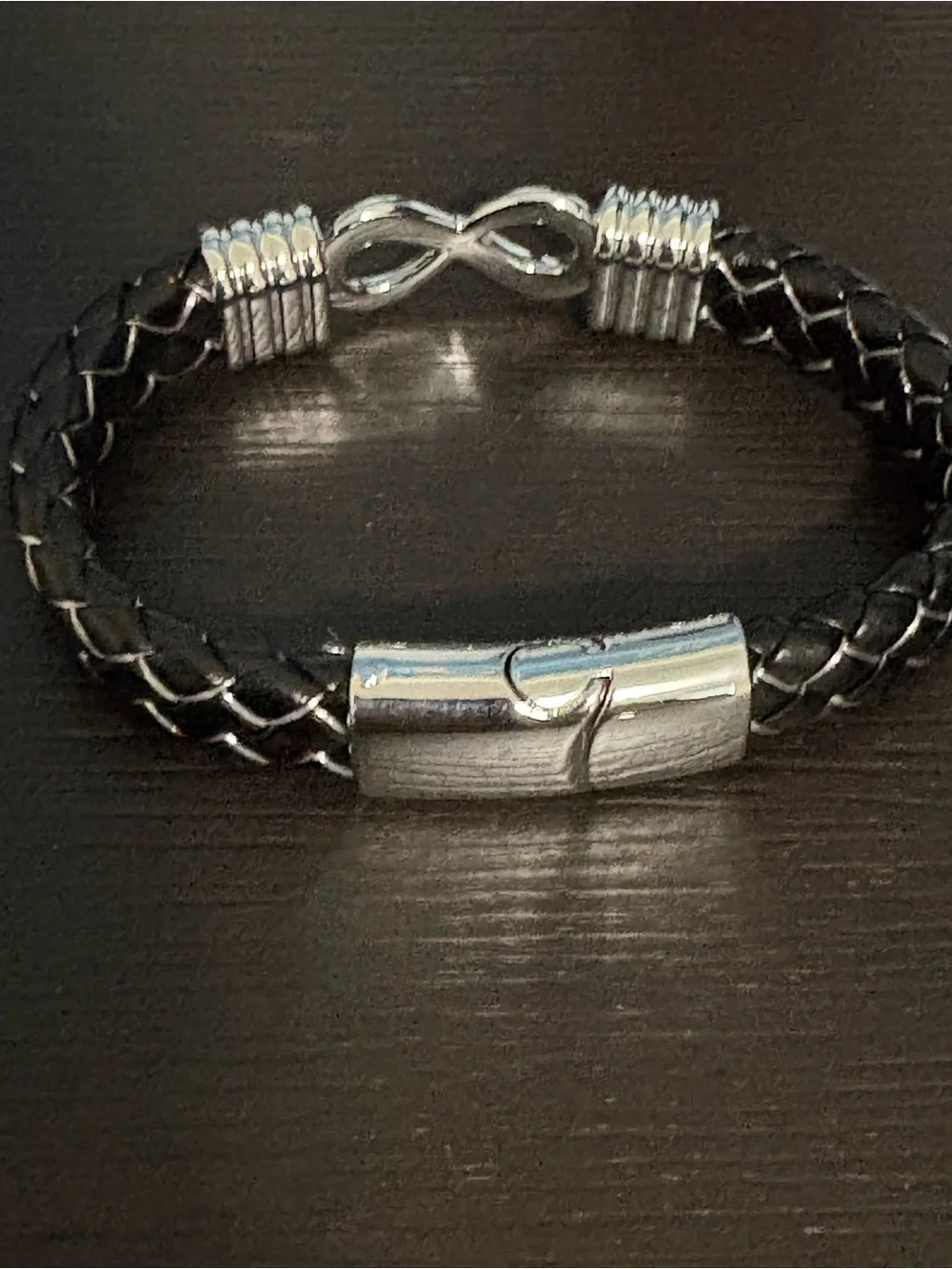 Men's Black Braided Faux Leather Bracelet with Silver tone magnetic clasp. New